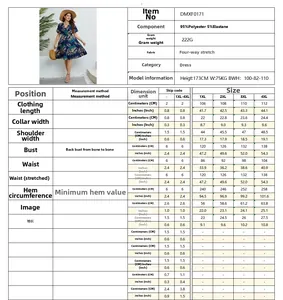 Detailed size chart for floral V-neck dress including bust, waist and length measurements