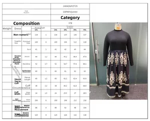 Detailed size chart for black floral long-sleeve maxi dress in 1XL to 4XL plus sizes