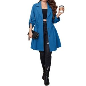 Blue mid-length trench coat with lapel collar, buttons, and adjustable drawstring waist