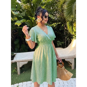 Women's summer V-neck mint green floral dress with elastic waist for a casual vacation look