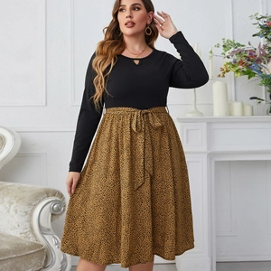 Detail of long sleeve leopard print dress with teardrop neckline and waist bow tie