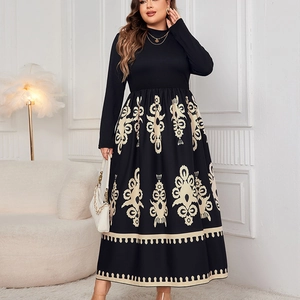 Close-up of vintage floral print and high-waist details on black long-sleeve dress