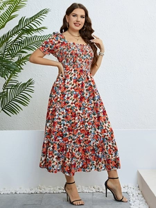 Close-up of colorful floral print and smocked bodice detail on a summer midi dress