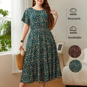 Women Plus Size Floral Print Dress Round Neck Short Sleeve High Waist Tiered Cake Midi Dress For Summer Vacation Commuter