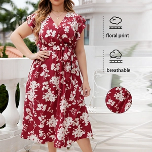 Women's Plus Size Floral Print V-Neck Midi Dress Summer Ruffle Sleeve Belted A-Line Vacation Casual Wine Red Wrap Dress