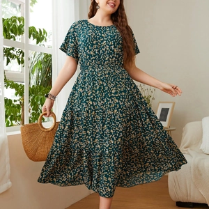 Short-sleeve dark green floral midi dress with A-line skirt and high waist design