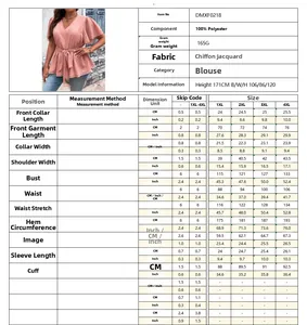 Size chart for plus size pink V-neck chiffon top showing bust and waist measurements