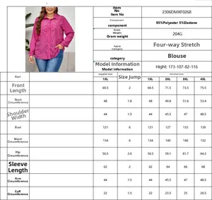 Size chart for women's cutout blouse showing measurements from 1XL to 4XL in rose red