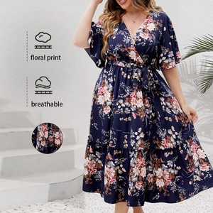 Robe Midi Portefeuille Grande Taille pour Femme Imprimé Fleuri Col en V Bleu Foncé Élégant à Volants Manches Courtes