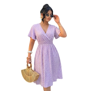 Summer V-neck lavender floral dress with short sleeves and high elastic waist