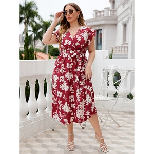 Women summer plus size red floral print V-neck midi dress with ruffle sleeves and waist tie