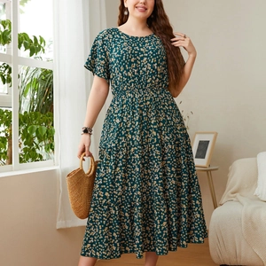 Women's dark green floral maxi dress with short sleeves and high-waist A-line pleated skirt