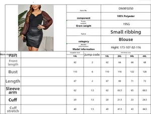 Detailed size chart for women plus size V-neck blouse showing measurements and fabric specs