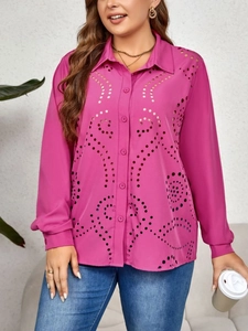 Detail of rose red long sleeve shirt with laser cut wave pattern and button-down collar