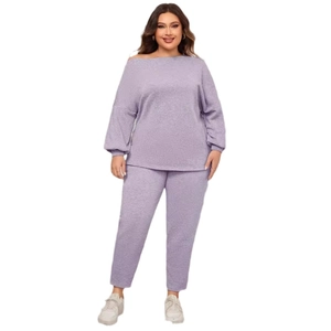 Ensemble détente deux pièces pour femmes grande taille violet avec haut à épaules nues