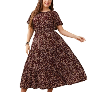 Elegant plus size deep red floral chiffon maxi dress with ruffled sleeves and tiered skirt
