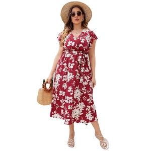Summer red floral V-neck maxi dress with waist belt and ruffle sleeves for women