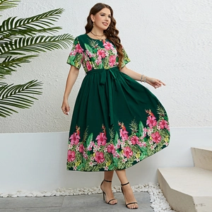 Robe Midi Grande Taille Femme Vert Foncé Imprimé Tropical Col Rond Manches Courtes Ligne A Avec Ceinture Pour Vacances D'été