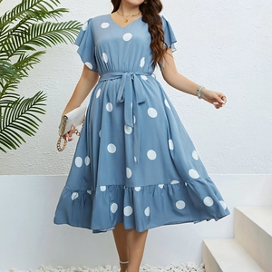 Women Plus Size V-Neck Polka Dot Midi Dress With Ruffle Short Sleeve Casual Tie-Waist Holiday Summer Boho A-Line Dress