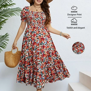 Women Plus Size Floral Smocked Maxi Dress Square Neck Puff Sleeve Boho Summer Vacation Ruffle Hem A-Line Long Dress