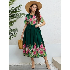 Robe longue verte pour femmes avec imprimé floral tropical, manches courtes et ceinture