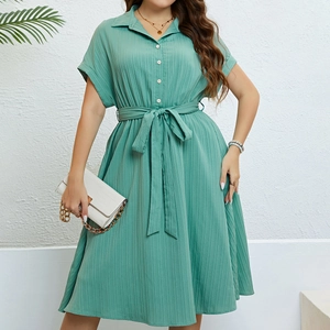 Women Summer Mint Green Lapel Short Sleeve Button Up Midi Dress Ribbed Texture Tie Waist Casual Fresh A-Line Shirt Dress