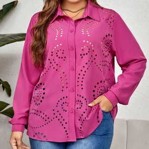 Women Plus Size Magenta Laser Cut Hollow Out Blouse Turn Down Collar Button Up Long Sleeve Casual Loose Shirt Top