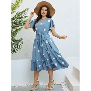 Blue V-neck polka dot midi dress with flutter sleeves and waist tie for summer style