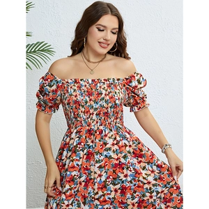 Floral off-shoulder smocked dress with high waist design for summer leisure style