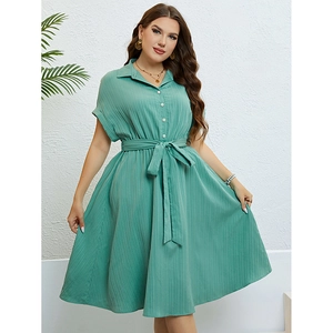 Sage green short-sleeve button-down dress with waist tie and pleated texture fabric