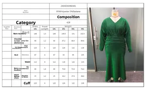 Detailed size chart for V-neck long sleeve mermaid evening dress with fabric specs