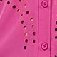 Detail of rose pink blouse featuring eyelet embroidery and matching round buttons