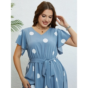 Light blue V-neck polka dot summer dress with ruffle sleeves and waist tie belt