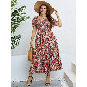 Floral A-line summer midi dress with square neck and smocked waist in vacation style