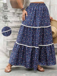 Women Plus Size Bohemian Tiered Maxi Skirt Navy Blue Floral Print Lace Trim Elastic Waist Summer Vacation Casual Skirt