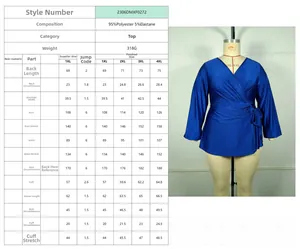 Tableau des tailles détaillé pour chemisier femme grande taille col V bleu foncé