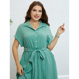 Short sleeve mint green pleated shirt dress with waist tie and button-up lapel collar