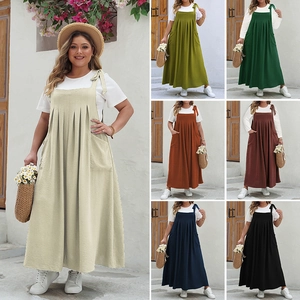 Detailed grid of plus size summer sundresses in seven solid colors with side pockets