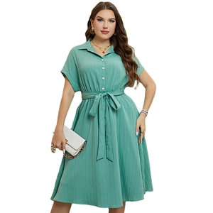 Women's summer light green pleated shirt dress with short sleeves and waist tie