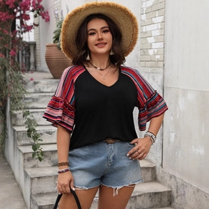 Women's V-neck casual top with black bodice and striped ruffle short sleeves