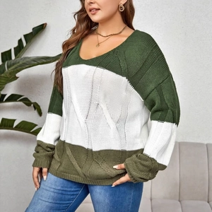 Color-block knit sweater in olive green and white with cable-knit details for women