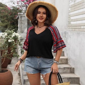 Women casual V-neck short sleeve top with colorful striped ruffle sleeves and relaxed fit