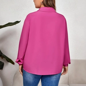 Elegant rose pink hollow-out long sleeve shirt with classic lapel collar for women