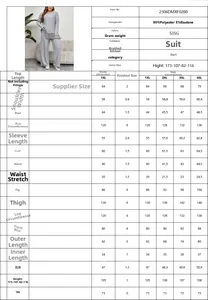 Size chart for long sleeve fringe top and wide leg pants set with fabric details