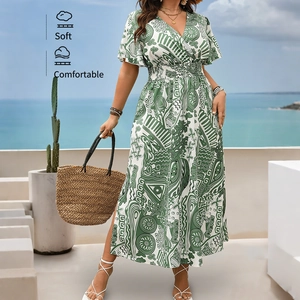 Women Plus Size Green Floral Maxi Dress V Neck Smocked High Waist Flutter Sleeve Slit Bohemian Summer Vacation Long Dress