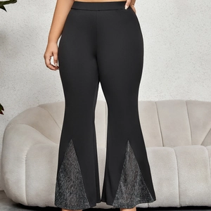 Damen Übergröße High Waist Schlaghose Silber Pailletten Patchwork Glockenhose Casual Stretch Schwarz Lange Hose Für Party