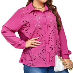 Elegant fuchsia laser-cut long sleeve blouse with circular hollow patterns and button-up front