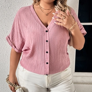 Women Plus Size Pink V Neck Button Up Short Sleeve Blouse Wrinkle Texture Casual Summer Fashion Top