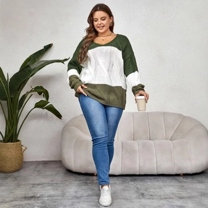 Women's plus size knit sweater with color-block cable patterns in dark and olive green