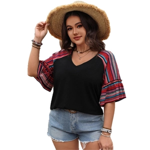 Women's casual V-neck black tunic with colorful striped ruffle sleeves for summer